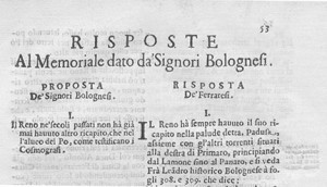 Particolare di una pagina tratta dal volume "Scritture in materia del Reno", nella quale sono evidenti le opinioni dei bolognesi e dei ferraresi